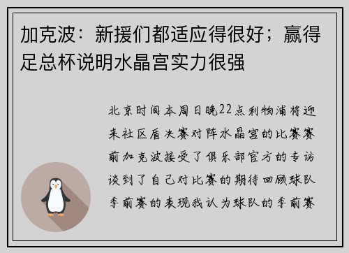 加克波:新援们都适应得很好;赢得足总杯说明水晶宫实力很强 加克波:新援们都适应得很好;赢得足总杯说明水晶宫实力很强